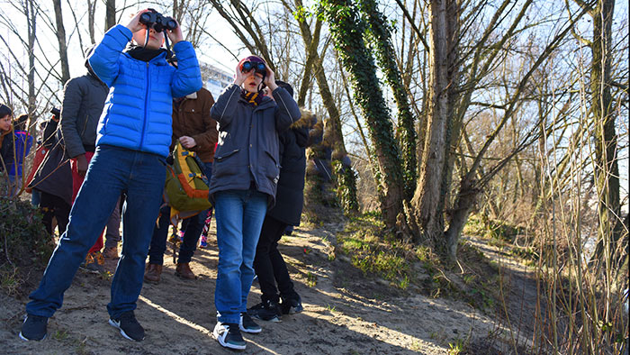 Enfants en activité extérieur regardant au travers de jumelles