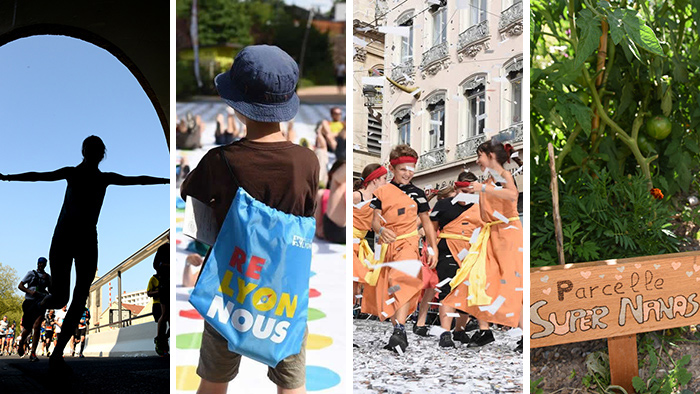 Coureur de l'Urban trail, Enfant de dos avec un sac Re Lyon Nous, Enfants dansant lors du défilé de la Biennale de la danse, Parcelle de jardin partagé avec écriteau : "parcelle super nanas"