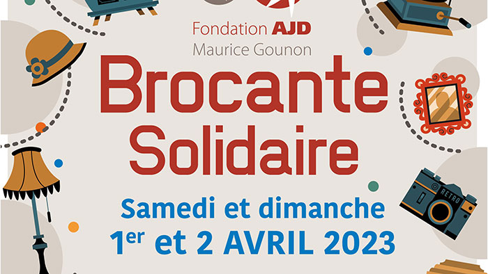 Affiche de la Brocante solidaire de la Fondation AJD les 1er et 2 avril 2023