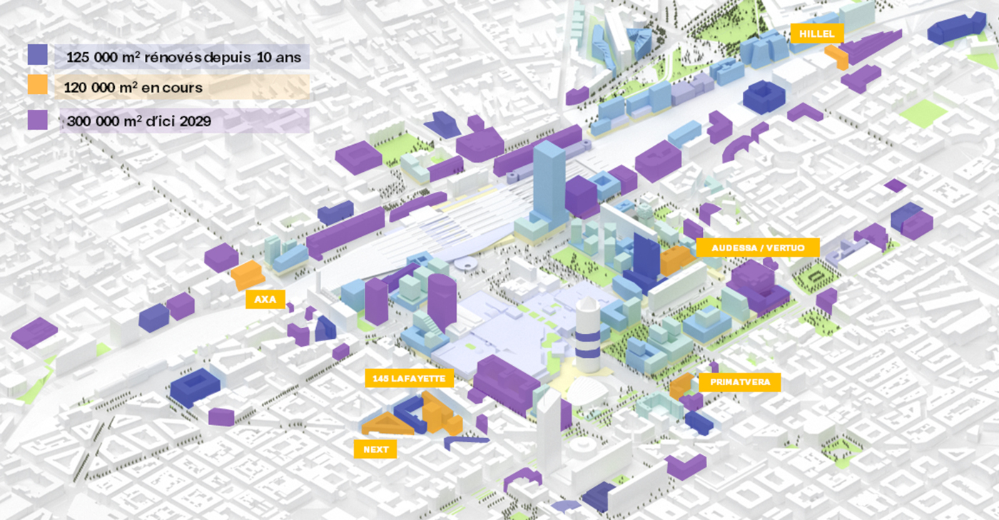 Lyon Part-Dieu : carte de réhabilitation des immeubles de bureaux