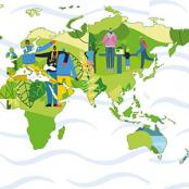 Appel à projets internationaux 2023 - Carte du monde stylisée et personnages